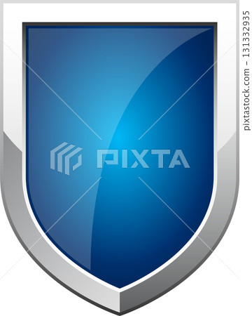 A gleaming shield with a metallic silver border and a vibrant, reflective blue surface. 131332935