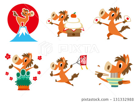 Hand-drawn, relaxed horse character. Year of the Horse New Year's set (Mt. Fuji, Kagami mochi, Kadomatsu, etc.) Hand-drawn, relaxed horse character. Year of the Horse New Year's set (Mt. Fuji, Kagami mochi, Kadomatsu, etc.) 131332988