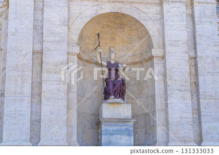 White marble fountain of the goddess Rome, ancient statue in Piazza del Campidoglio Rome Italy White marble fountain of the goddess Rome, ancient statue in Piazza del Campidoglio Rome Italy 131333033