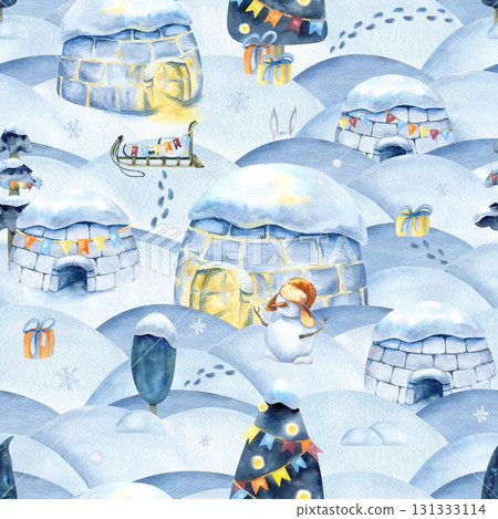 Christmas winter seamless pattern, igloo, snowdrift, holiday landscape background. Watercolor icehouse, sled, snowman, New year scenery, snowfall and footprint. Decorated tree, gift, wrapping paper 131333114