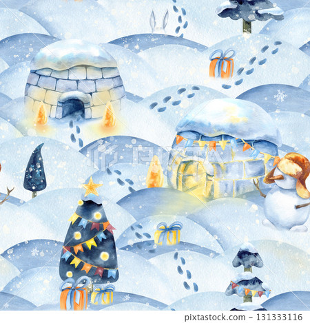 Christmas children seamless pattern, igloo, snowdrift, holiday landscape background. Watercolor icehouse, snowman, New year scenery, snowfall and footprint. Decorated tree, gift for wrapping paper Christmas children seamless pattern, igloo, snowdrift, holiday landscape background. Watercolor icehouse, snowman, New year scenery, snowfall and footprint. Decorated tree, gift for wrapping paper 131333116
