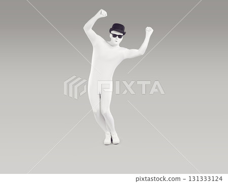 Unknown person dressed in white leotard dancing with his hands raised 131333124