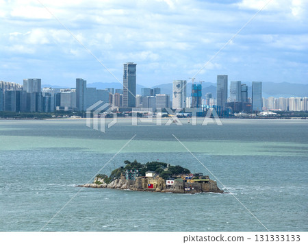 Aerial view of  the Shiyu island  between Kinmen, Taiwan and Xiamen, China. chinese text: Shiyu island 131333133