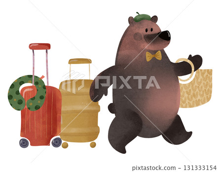 Cute brown bear travels with red and yellow suitcases, whimsical watercolor children's illustration. Perfect for kids' books, birthday cards, posters, travel with children, websites, tourism Cute brown bear travels with red and yellow suitcases, whimsical watercolor children's illustration. Perfect for kids' books, birthday cards, posters, travel with children, websites, tourism 131333154