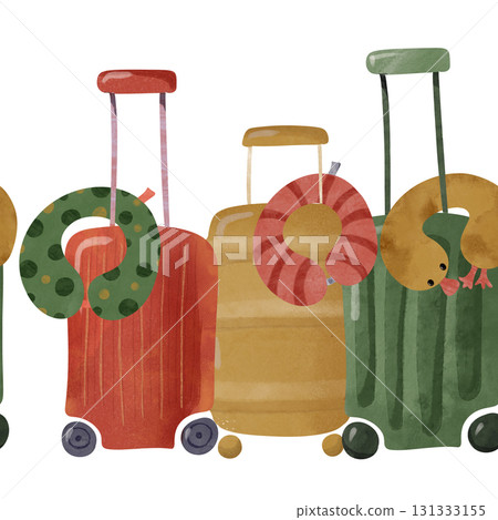 Seamless pattern suitcases in red, yellow, and green with neck pillows, kids watercolor illustration. For travel themes, children's books, posters, greeting cards, travel with children, tourism Seamless pattern suitcases in red, yellow, and green with neck pillows, kids watercolor illustration. For travel themes, children's books, posters, greeting cards, travel with children, tourism 131333155