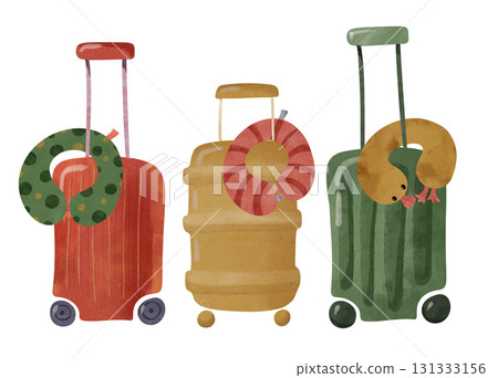 Whimsical suitcases in red, yellow, and green with neck pillows, kids watercolor illustration. For travel themes, children's books, posters, greeting cards, travel with children, tourism, travel agent Whimsical suitcases in red, yellow, and green with neck pillows, kids watercolor illustration. For travel themes, children's books, posters, greeting cards, travel with children, tourism, travel agent 131333156