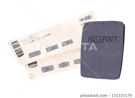 Whimsical cartoon boarding pass and passport in watercolor kids' illustration style. Ideal for travel adventures, children's books, posters, greeting cards, travel with children, travel agent websites 131333179