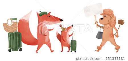 Adorable poodle with sign and purse meeting fox family with luggage and basket, whimsical watercolor kids' illustration. For children's books, posters, greeting cards, travel with children, tourism Adorable poodle with sign and purse meeting fox family with luggage and basket, whimsical watercolor kids' illustration. For children's books, posters, greeting cards, travel with children, tourism 131333181