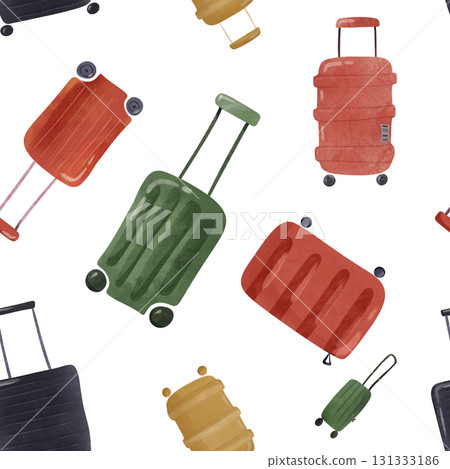 Whimsical seamless pattern of colorful suitcases in watercolor kids' illustration style. Perfect for fabric, wallpaper, kids' room decor, scrapbooking, and gift wrap. Ideal for creative projects 131333186