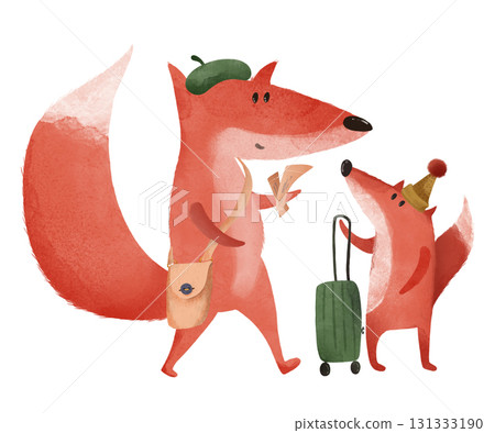 Charming foxes traveling: adult in beret holding ticket, kit in hat pulling suitcase. Whimsical watercolor kids' illustration. Ideal for children's books, posters, greeting cards, nursery decor. Charming foxes traveling: adult in beret holding ticket, kit in hat pulling suitcase. Whimsical watercolor kids' illustration. Ideal for children's books, posters, greeting cards, nursery decor. 131333190