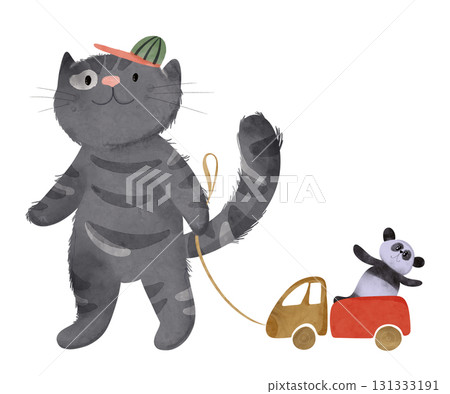 Cute bear adventurer walking with suitcase and vintage camera, bird friend perched on shoulder Whimsical children's book illustration in watercolor style. Ideal for kids stories, poster, greeting card 131333191