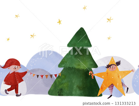 Cute seamless Christmas border with kids, tree, and stars. Features a red elf, yellow star child, festive bunting. Perfect for holiday cards, wrapping, kids' crafts. Hand-drawn, child-friendly style 131333213