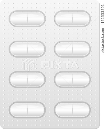 Eight white oval pills are presented in a gray blister pack, medicine for medical treatments. 131333291