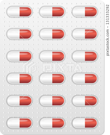 Pharmaceutical blister pack displaying capsules with a white and reddish-orange color scheme 131333292