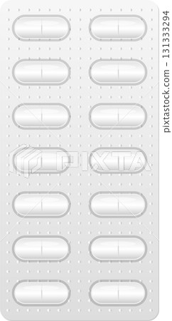 Close-up view of a blister pack filled with white, oblong tablets, commonly used for medication. 131333294
