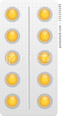 Silver blister pack filled with bright yellow round pills arranged in two vertical columns. 131333295