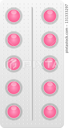 Pharmaceutical blister pack presents ten pink, round pills, each poised for individual release. Pharmaceutical blister pack presents ten pink, round pills, each poised for individual release. 131333297