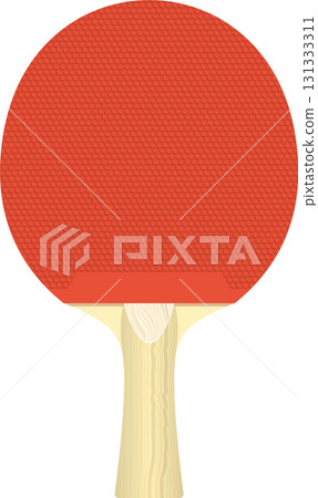 A vibrant red table tennis paddle with a textured surface and light wooden handle on a black background. 131333311