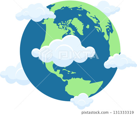 A cartoon Earth covered with fluffy white clouds, floating in dark outer space environment. A cartoon Earth covered with fluffy white clouds, floating in dark outer space environment. 131333319
