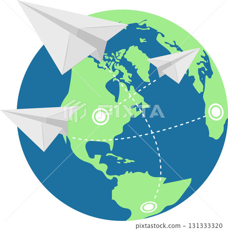 Global communication shown with paper airplanes traversing the world, illustrating connection 131333320