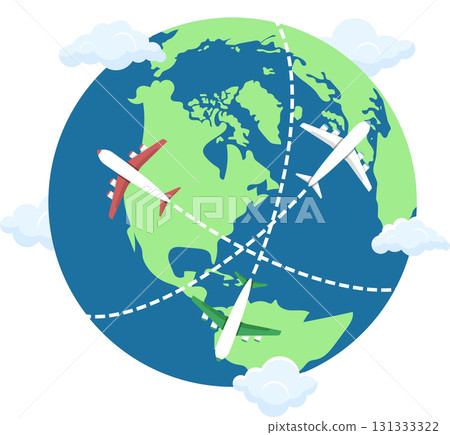 Global Travel: Airplanes circumnavigate world, connecting countries and continents with routes. Global Travel: Airplanes circumnavigate world, connecting countries and continents with routes. 131333322