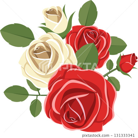 Elegant rose bouquet in red and white hues with vibrant green leaves against a black backdrop. 131333341