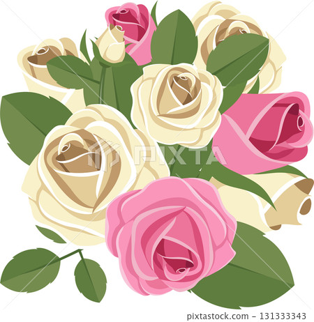 A vector graphic featuring a bouquet of roses, pink and cream colored, with green leaves around. A vector graphic featuring a bouquet of roses, pink and cream colored, with green leaves around. 131333343