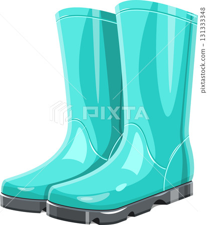 A pair of vibrant turquoise rain boots, perfect for keeping feet dry in wet weather conditions. 131333348