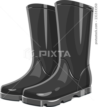 Pair of glossy, dark gray waterproof boots, essential footwear for wet weather protection. 131333350