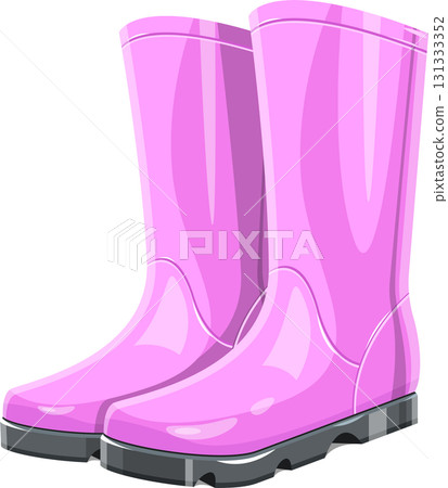 A pair of vibrant pink rain boots stand ready to keep feet dry in style on wet days. 131333352