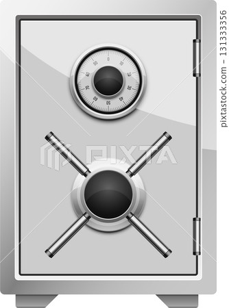 Illustration of a silver safe with combination lock, a cross-shaped handle, and hinges. 131333356