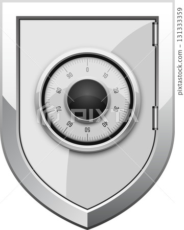 Stylized safe with combination lock and security shield design for financial protection. 131333359