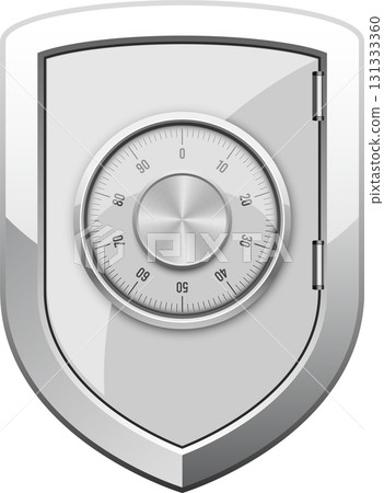 A metallic shield shape with a combination lock on its center, representing security concept. 131333360