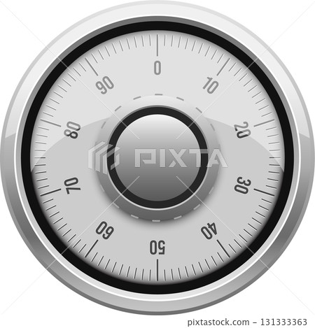 A metallic gray safe dial with embossed number markings from 0-90. The dial is shiny. 131333363
