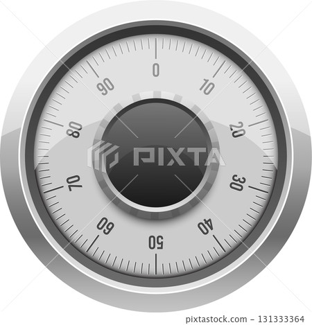 A metallic safe dial with numbers going from 0 to 90, with a center dark circle. A metallic safe dial with numbers going from 0 to 90, with a center dark circle. 131333364