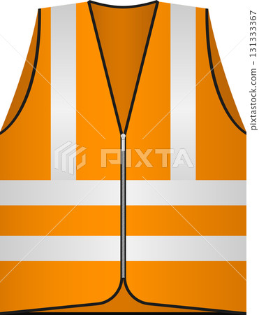 An orange reflective safety vest with white horizontal and vertical stripes and black trim. An orange reflective safety vest with white horizontal and vertical stripes and black trim. 131333367