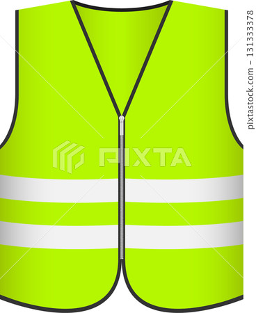 Bright yellow reflective safety vest with zipper and reflective strips for visibility. Bright yellow reflective safety vest with zipper and reflective strips for visibility. 131333378