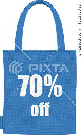 Blue reusable tote bag with seventy percent off promotional sale advertisement on the front Blue reusable tote bag with seventy percent off promotional sale advertisement on the front 131333388