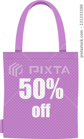 Promotional purple tote bag with diamond pattern displaying a sales discount of fifty percent. 131333389