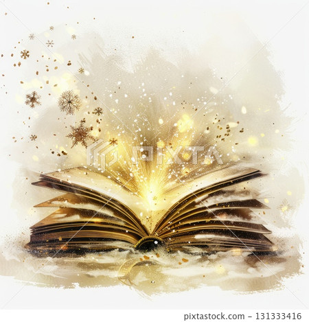 Magic glowing book with golden light and snowflakes 131333416