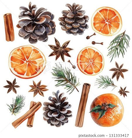 Watercolor Christmas set with pinecones, orange slices and spices 131333417