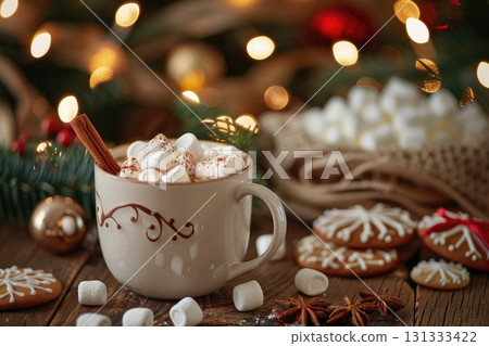 Christmas hot chocolate with marshmallows and cookies Christmas hot chocolate with marshmallows and cookies 131333422