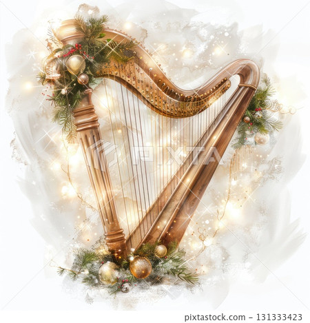 Golden harp decorated with Christmas ornaments 131333423