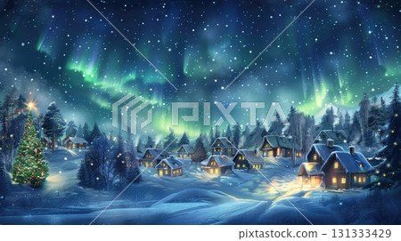 Northern lights over snowy Christmas village Northern lights over snowy Christmas village 131333429