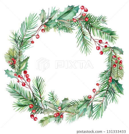 Christmas wreath with holly berries and pine branches illustration 131333433