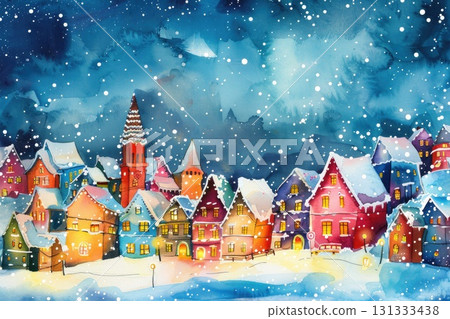 Colorful winter village with snow and Christmas lights watercolor 131333438