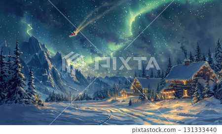 Magical winter night with Santa sleigh and northern lights 131333440