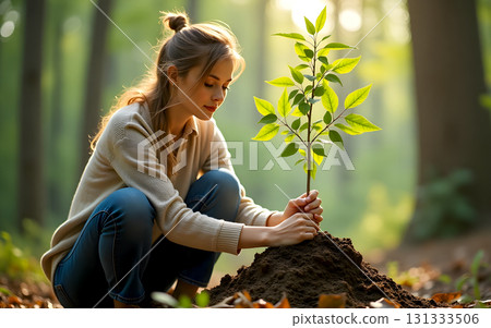 woman planting a tree, weeding and digging in the garden for environment woman planting a tree, weeding and digging in the garden for environment 131333506