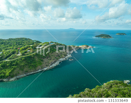 Aerial view A rocky promontory that juts out into the sea at Laem Promthep Cape viewpoint. 131333649