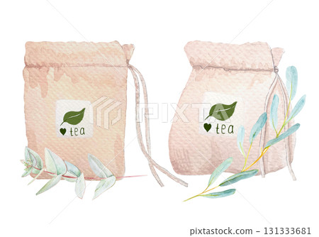 Tea bag with eucalyptus branches. Watercolor illustration on white. Minimalistic botanical design perfect for packaging, organic branding, natural lifestyle concepts, eco-friendly product decor. 131333681
